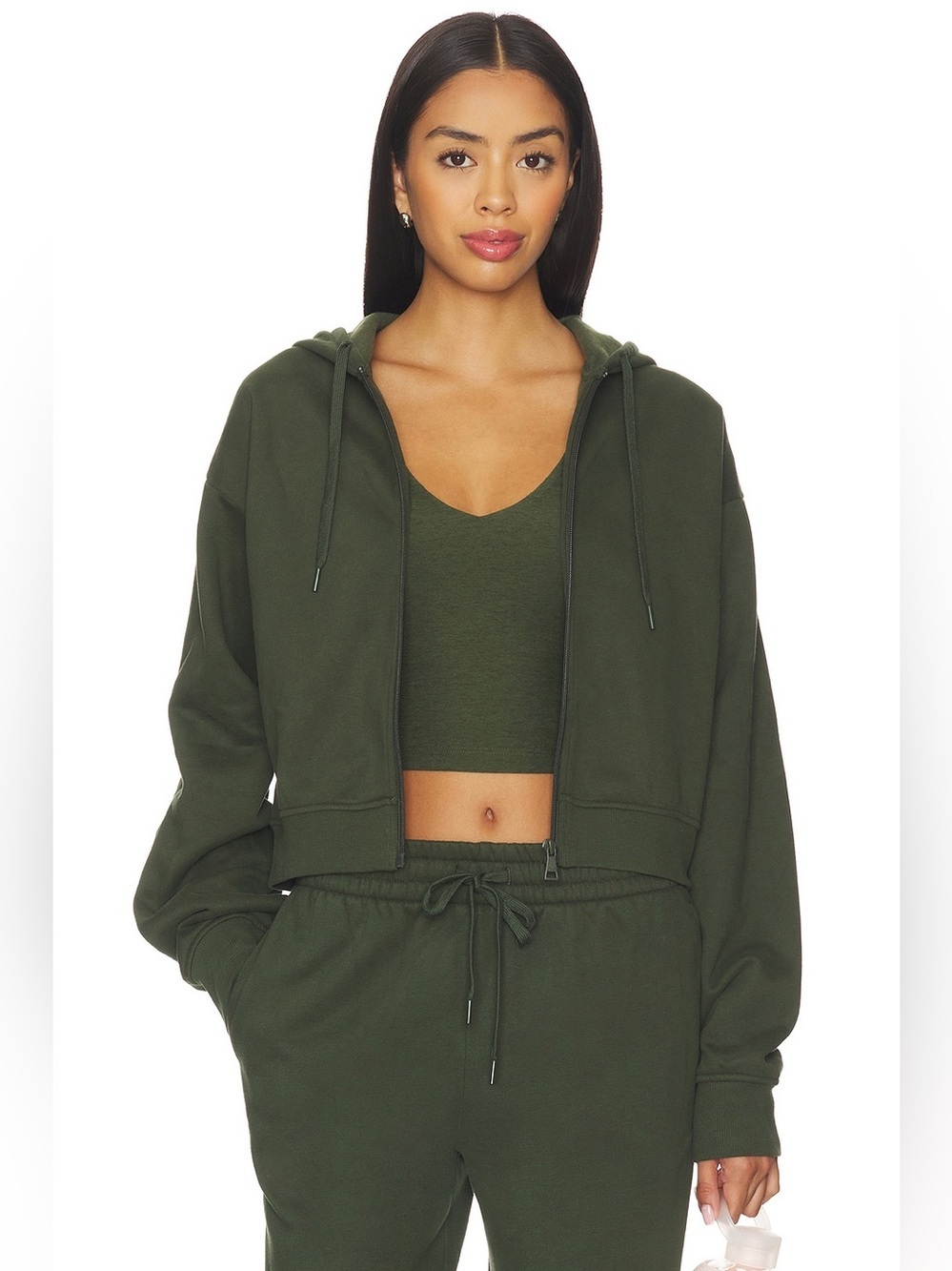 Beyond Yoga Women’s Luxe Fleece Zip Up Hoodie in Dark Olive, Size Medium